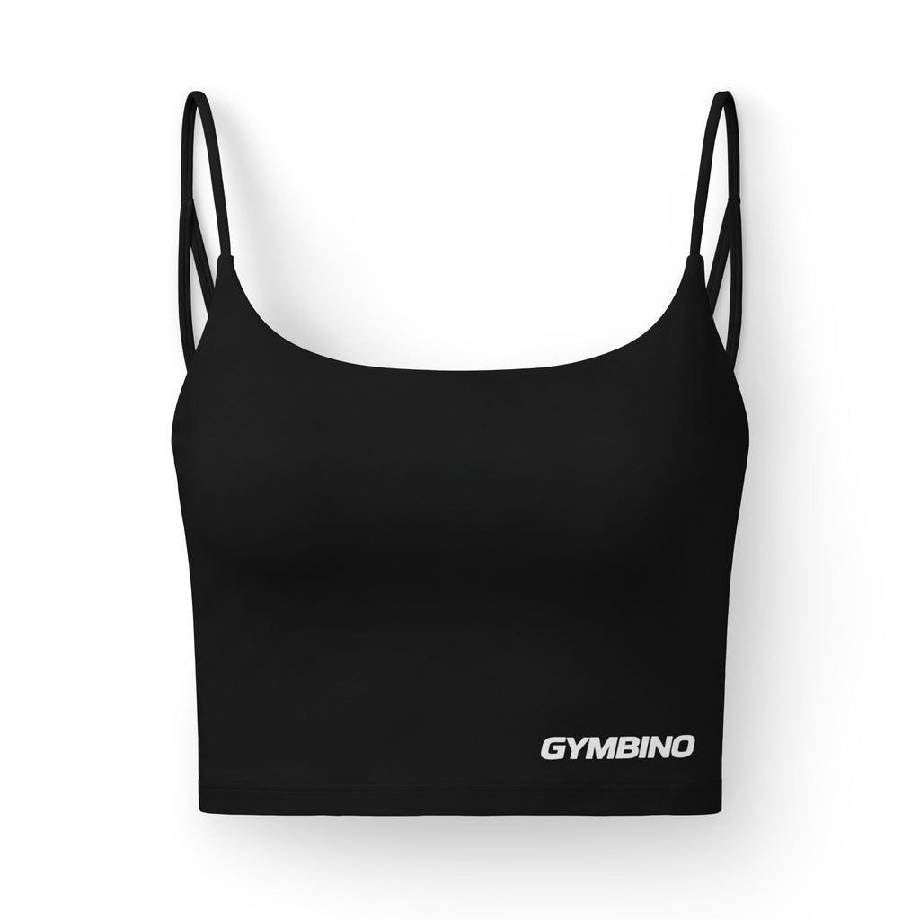 GYMBINO Women's Luxe Sports Bra — Strappy Black Crop with Logo