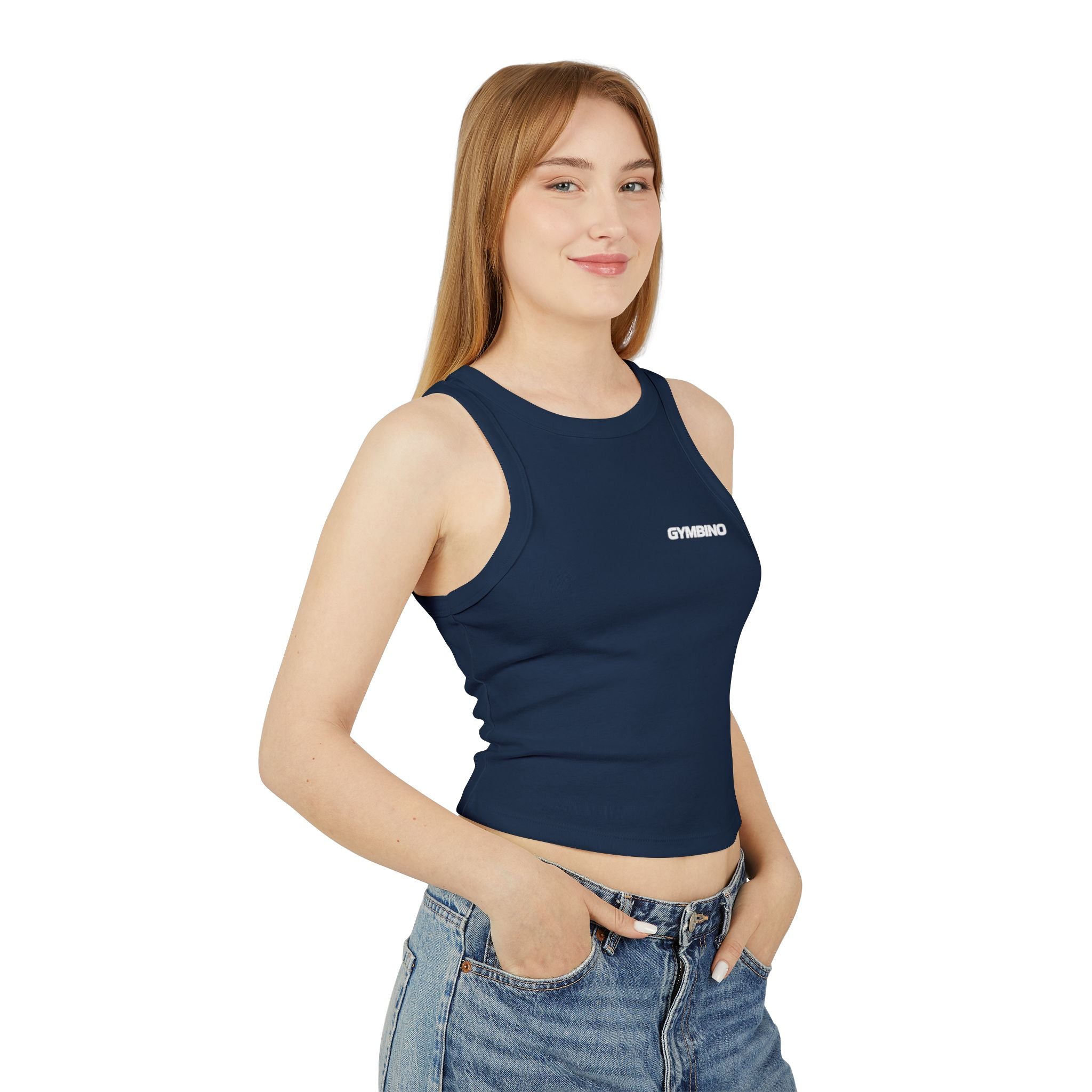 Gymbino 'In My Gym Era' Women's Racer Tank Top — Micro Rib Cropped Athletic Tank